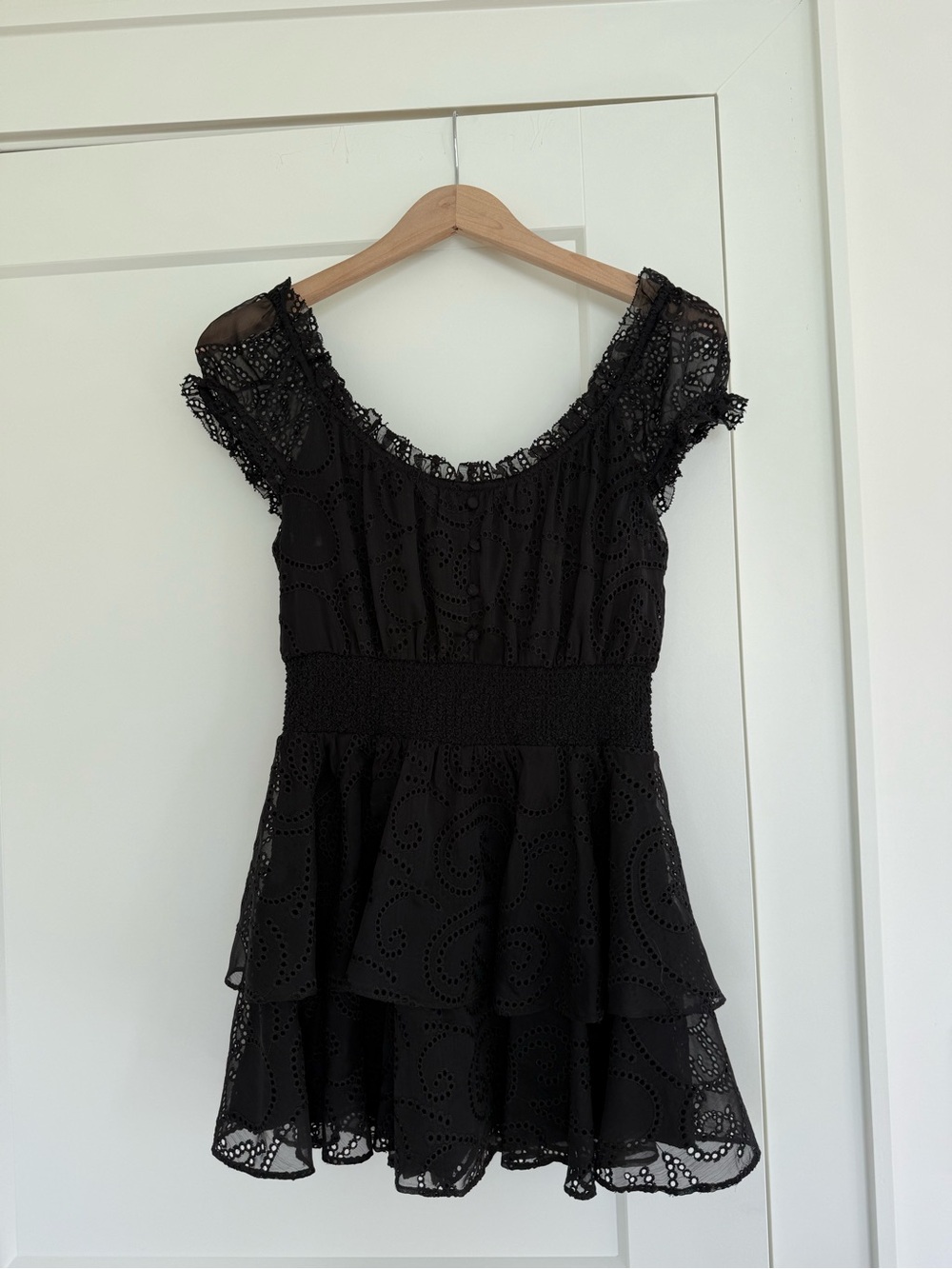 Alice + Olivia Black Eyelet Tiered Mini Dress